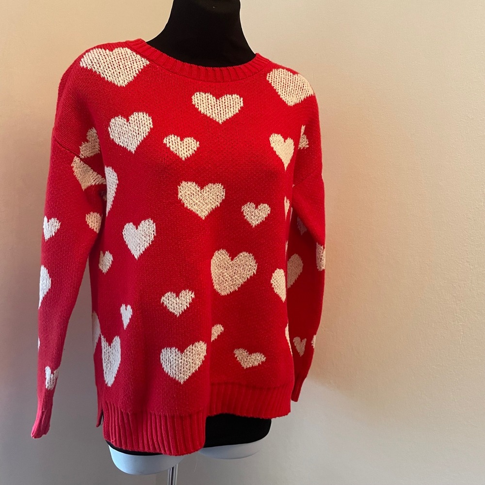 Marled Reunited Clothing Red Hearts Sweater Crew neck Long Sleeve Pullover S